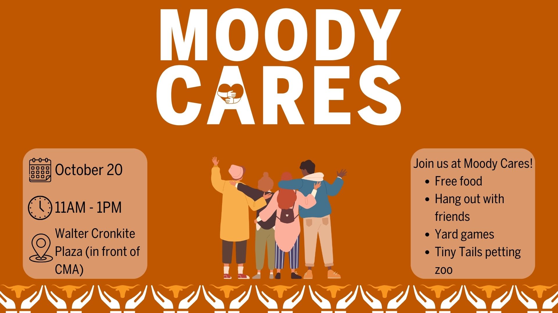 Moody CARES flyer scheduled for October 20th from 11AM to 1PM at Walter Cronkite Plaza. 